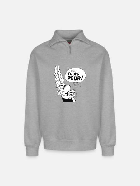 Asterix & Obelix - Asterix 'Du er bange!' - Unisex sweatshirt i økologisk bomuld med half zip og afslappet pasform – fra SPREAD - grå meleret