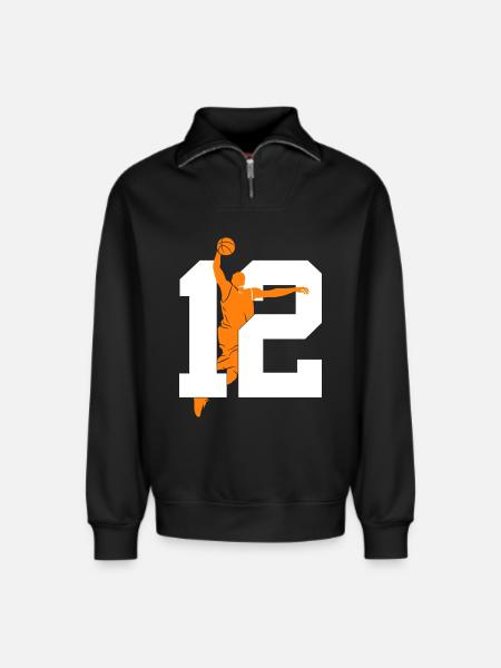 NUMMER 12 BASKETBAL 12E VERJAARDAG - Sweatshirt unisex met relaxed fit en halve rits van biologisch katoen – van SPREAD - zwart