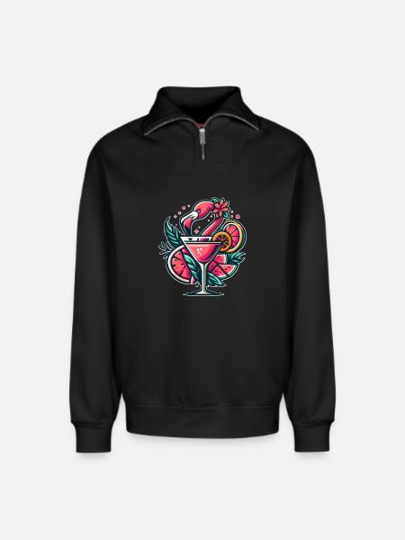 Flamingo Cocktail Logo - Relaxed Unisex Organic Half Zip Sweatshirt – by SPREAD - black