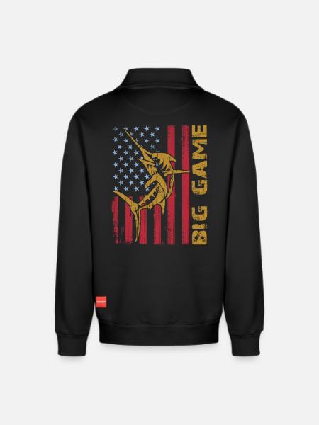 Springender Marlin mit US Flagge Hochseefischen - Relaxed Unisex Organic Half Zip Sweatshirt – von SPREAD - Schwarz
