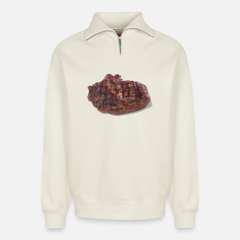 Steak - Sweat unisexe décontracté en coton biologique à demi-zip – de SPREAD - blanc cassé