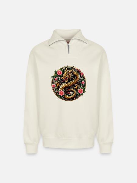 Dragon de Chine - Sweat unisexe décontracté en coton biologique à demi-zip – de SPREAD - blanc cassé