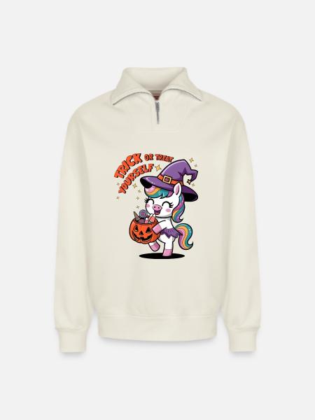 Trick Or Treat Yourself - Relaxed Unisex Organic Half Zip Sweatshirt – by SPREAD - off white