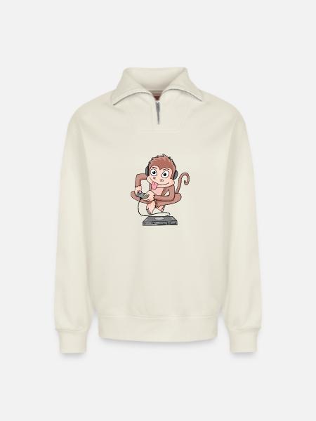 Monkey plays video games - Relaxed Unisex Organic Half Zip Sweatshirt – by SPREAD - off white