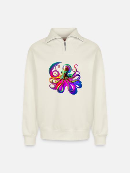 Psychedelic Neon Octopus - Relaxed Unisex Organic Half Zip Sweatshirt – by SPREAD - off white
