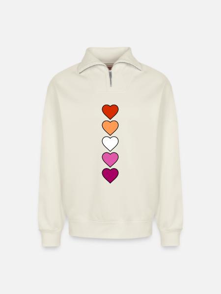 Lesbian Lesbian Hearts - Relaxed Unisex Organic Half Zip Sweatshirt – by SPREAD - off white