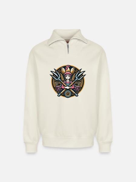 Fille du village logo - Sweat unisexe décontracté en coton biologique à demi-zip – de SPREAD - blanc cassé