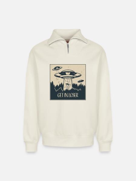 Extraterrestrial UFO Funny Space Gift - Relaxed Unisex Organic Half Zip Sweatshirt – by SPREAD - off white