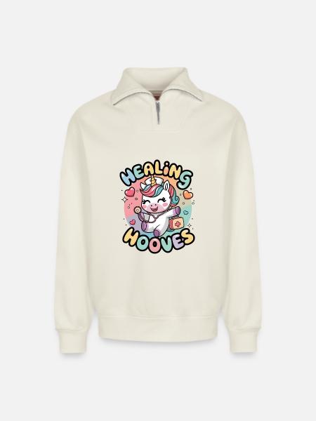 Heilende Hufe - Relaxed Unisex Organic Half Zip Sweatshirt – von SPREAD - Naturweiß
