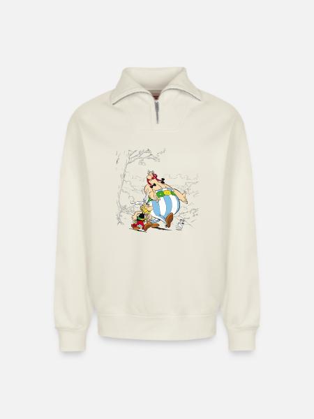 Asterix & Obelix con Dogmatix in the Wild - Felpa unisex con mezza zip con vestibilità rilassata in cotone biologico – di SPREAD - bianco naturale