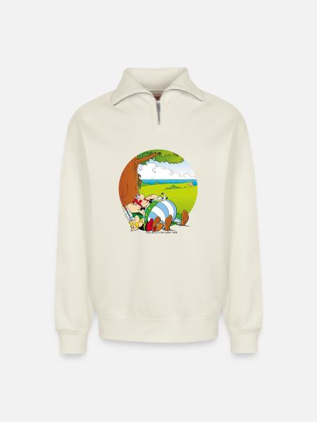 Asterix & Obelix Dogmatix Relaxing - Relaxed Unisex Organic Half Zip Sweatshirt – by SPREAD - off white
