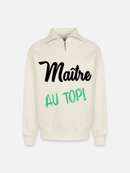 MAITRE. MAÎTRESSE. MERCI - Sweat unisexe décontracté en coton biologique à demi-zip – de SPREAD - blanc cassé