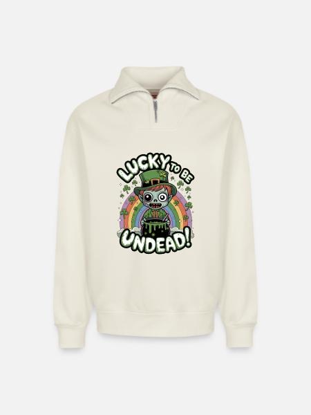 Lucky To Be Undead! - Relaxed Unisex Organic Half Zip Sweatshirt – by SPREAD - off white