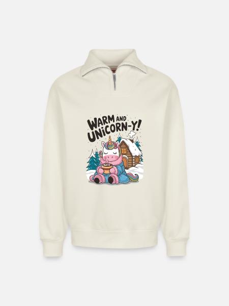 Warm And Unicorn-y! - Relaxed Unisex Organic Half Zip Sweatshirt – by SPREAD - off white