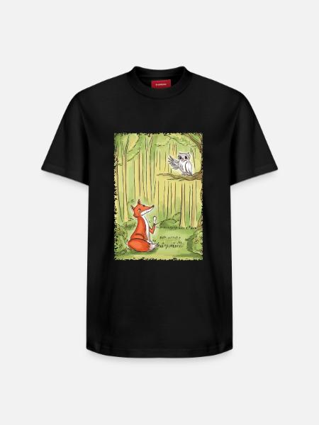 Waldgespräch: Fuchs und Eule - Relaxed Unisex Supima Cotton T-Shirt – von SPREAD - Schwarz