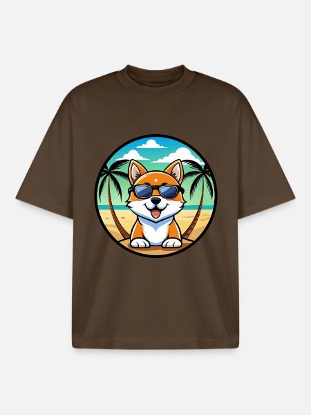Hokkaido Hondenras Cartoon Zonnebril Strand - Unisex boxy heavyweight biologisch T-shirt Stanley/Stella - donkerbruin