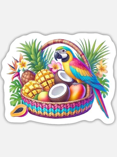 Obstkorb mit Papagei - Sticker Größe L (20 x 20 cm) - Mattweiß