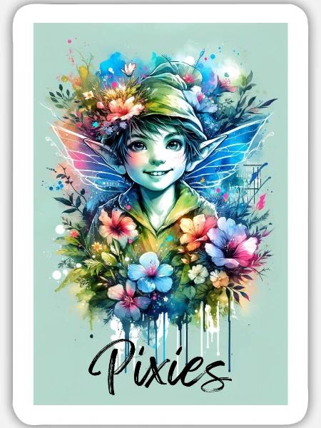 Pixie - Pixies - Blumen, Aquarell und Fee - Sticker Größe L (20 x 20 cm) - Mattweiß