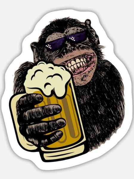 Affe mit Bier Biertrinkershirt Geschenk - Sticker Größe L (20 x 20 cm) - Mattweiß