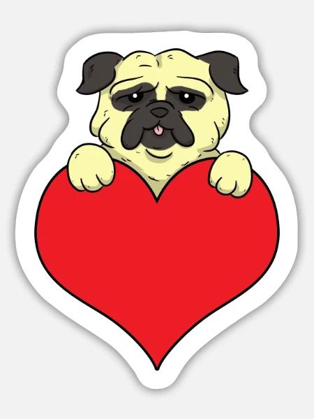 Pug Heart Mops herz - Sticker Größe L (20 x 20 cm) - Mattweiß