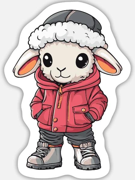 Schaf mit Winterjacke und Fellmütze - Sticker Größe L (20 x 20 cm) - Mattweiß