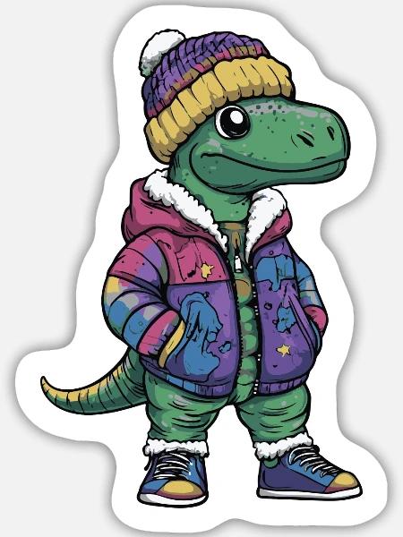 Dinosaurier mit Winterjacke und Mütze - Sticker Größe L (20 x 20 cm) - Mattweiß