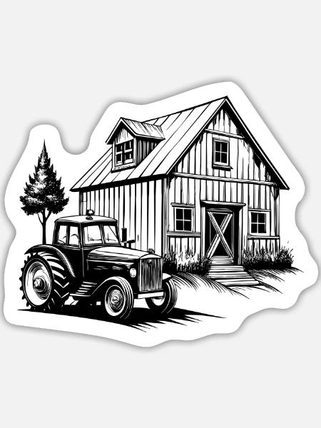 Rustikale Scheune mit Traktor - Sticker Größe L (20 x 20 cm) - Mattweiß