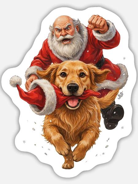 Golden Retriever klaut Weihnachtsmannmütze - Sticker Größe L (20 x 20 cm) - Mattweiß