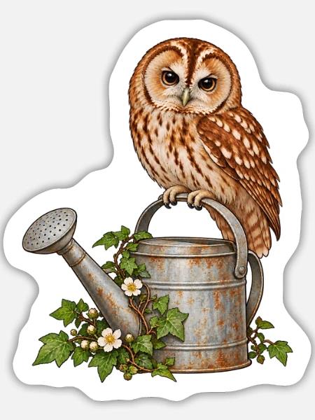 Wasserkannen-Eule - Sticker Größe L (20 x 20 cm) - Mattweiß