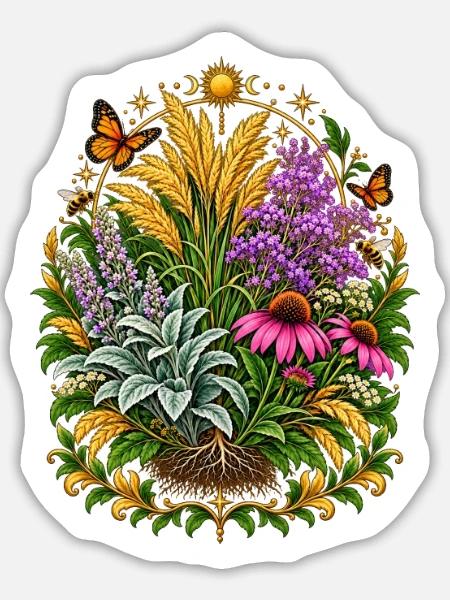 Wiesenkranz: Blumen, Schmetterlinge - Sticker Größe L (20 x 20 cm) - Mattweiß