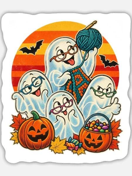 Halloween Häkel-Oma Geisterrunde - Sticker Größe L (20 x 20 cm) - Mattweiß