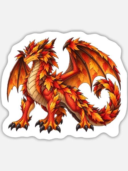 Majestätischer Herbstlaubdrache – Fantasy Drache - Sticker Größe L (20 x 20 cm) - Mattweiß