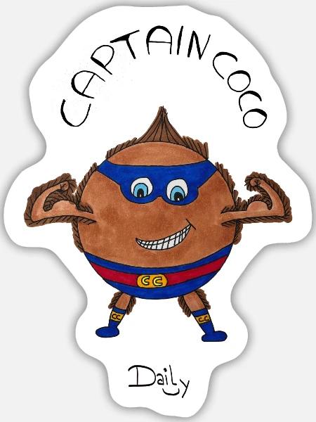 CaptainCoco – Kokosnuss-Superheld mit Maske - Sticker Größe L (20 x 20 cm) - Mattweiß