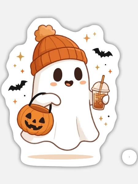 Halloween-Shirts für Frauen Pumpkin Ghost - Sticker Größe L (20 x 20 cm) - Mattweiß