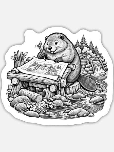 Beaver Architekt entwirft einen Walddamm - Sticker Größe L (20 x 20 cm) - Mattweiß