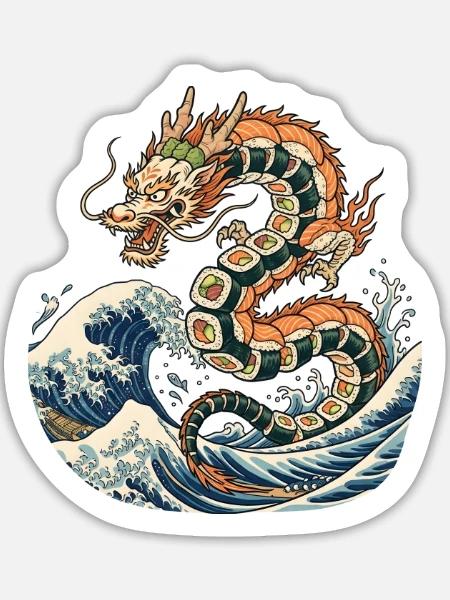 Sushi-Drache auf der großen Welle - Sticker Größe L (20 x 20 cm) - Mattweiß