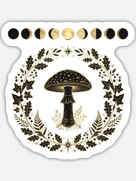 Pilz im Blätterkranz mit Mondphasen - Sticker Größe L (20 x 20 cm) - Mattweiß