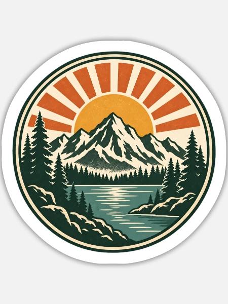 Bergsee Sonnenaufgang Retro Sticker - Sticker Größe L (20 x 20 cm) - Mattweiß