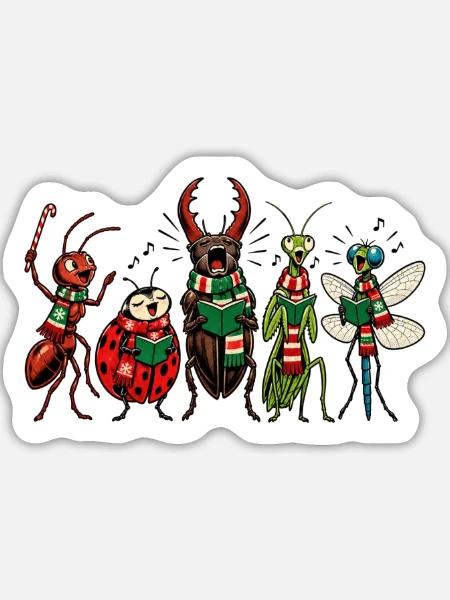 Christmas Bugs – Lustige, festliche Comic-Insektentruppe - Sticker Größe L (20 x 20 cm) - Mattweiß