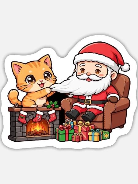 CatChristmas: Weihnachtsmann am Kamin - Sticker Größe L (20 x 20 cm) - Mattweiß