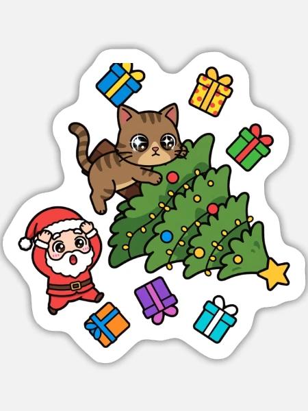 Verspielte Katze mit Weihnachtsbaum - Sticker Größe L (20 x 20 cm) - Mattweiß