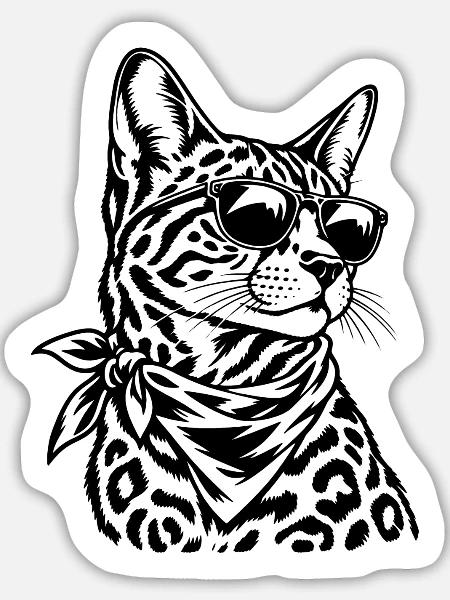 Bengalkatze – Cooler Biker mit Sonnenbrille - Sticker Größe L (20 x 20 cm) - Mattweiß