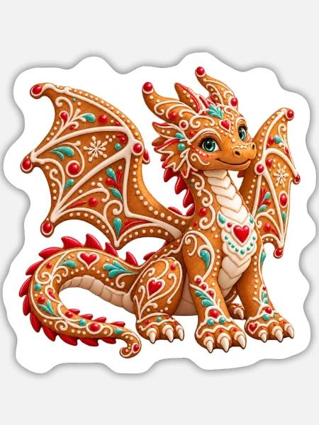Lebkuchendrache – Süßer Weihnachtsdrache - Sticker Größe L (20 x 20 cm) - Mattweiß