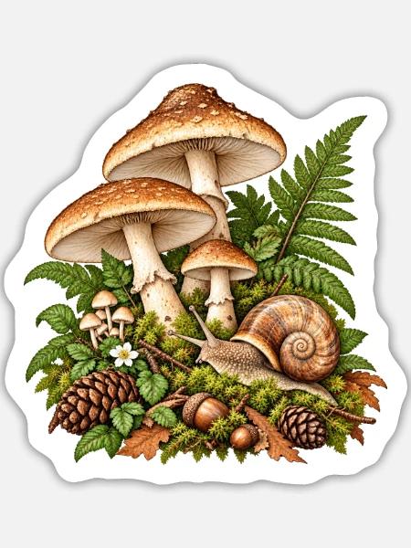 Waldpilze und Blattwerk - Sticker Größe L (20 x 20 cm) - Mattweiß