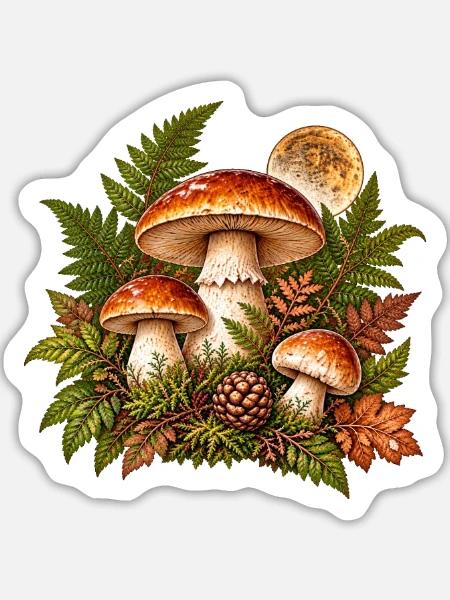 Herbstwald Pilze Illustration - Sticker Größe L (20 x 20 cm) - Mattweiß