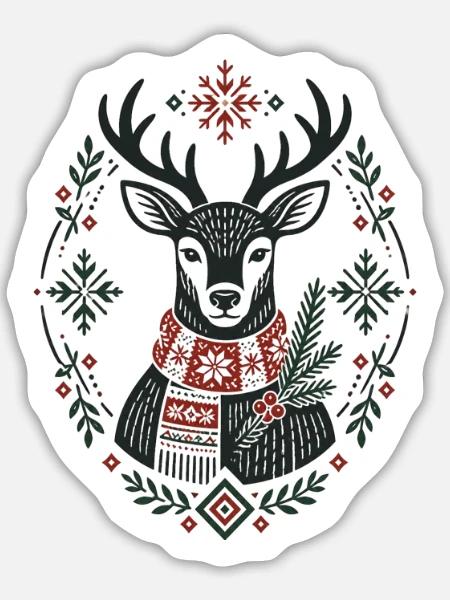 Winterhirsch mit Schneeflocken nordisches Design - Sticker Größe L (20 x 20 cm) - Mattweiß