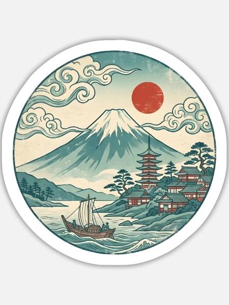 Fuji mit roter Sonne und Pagode - Sticker Größe L (20 x 20 cm) - Mattweiß