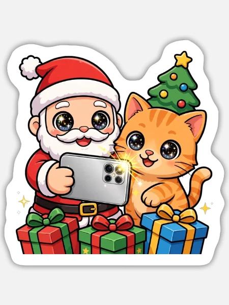 Weihnachts-Selfie: Weihnachtsmann und Katze - Sticker Größe L (20 x 20 cm) - Mattweiß