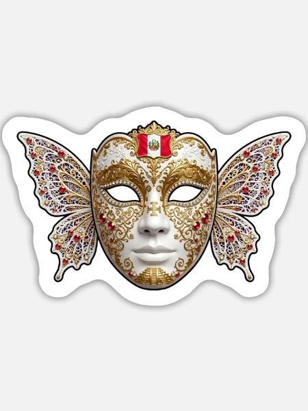 Goldene Flügelmaske mit Peru-Emblem - Sticker Größe L (20 x 20 cm) - Mattweiß