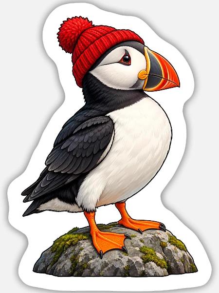 Papageitaucher mit roter Bobble-Mütze - Sticker Größe L (20 x 20 cm) - Mattweiß